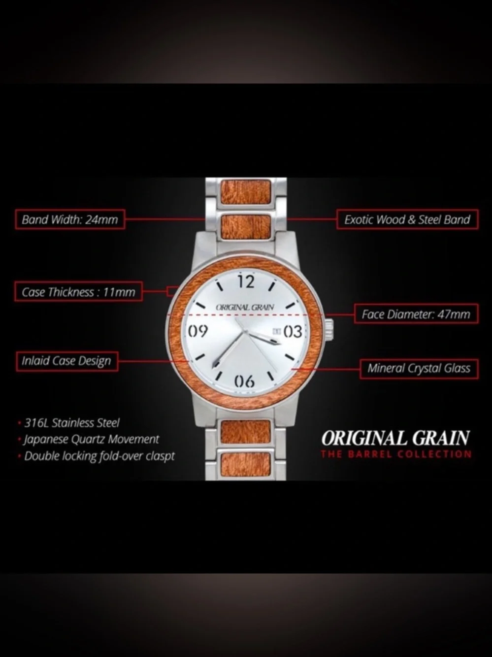 Original Grain Men's‎ Sapele Barrel Black Dial Scuffed Needs Battery